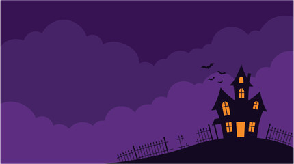 A spooky and enchanting halloween night scene featuring a silhouette of a haunted house on a hill perfect for festive decorations and digital designs