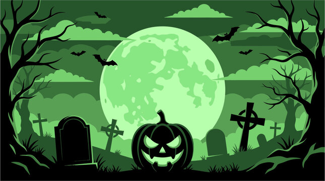 A spooky and enchanting halloween night scene featuring a glowing moon silhouetted trees creepy tombstones and a jack o' lantern in a graveyard