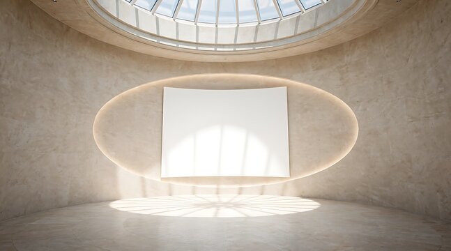Modern minimalist interior with large blank screen and circular light feature.