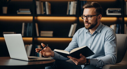 Obraz premium Man in glasses on laptop and book, conceptualizing business, education, or personal development, showcasing focus and intellect