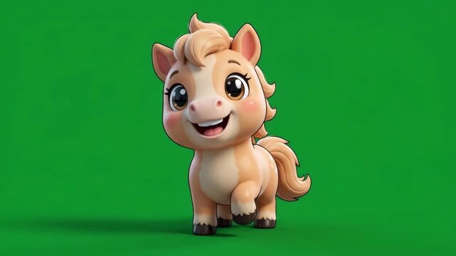 Adorable Cartoon Pony Character Walking Happily on Green Screen Background for Animation and Children's Content Creation