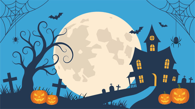 A spooky and delightful halloween scene a full moon illuminates a haunted house graveyard and jack o' lanterns perfect for festive celebrations
