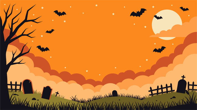 A spooky halloween night scene with a full moon bats silhouetted trees and a graveyard in a dark and mysterious orange atmosphere