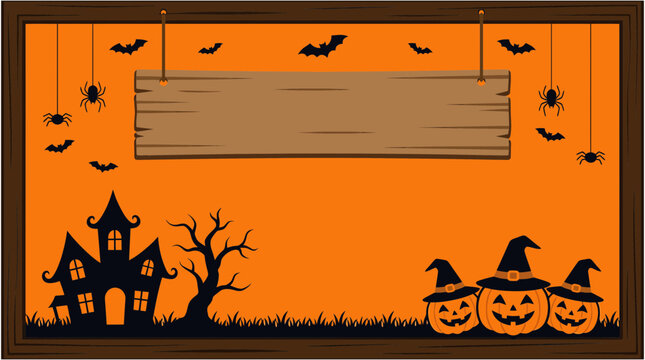 A spooky and delightful halloween scene a festive backdrop with bats spiders pumpkins a haunted house and a wooden sign for text or graphics