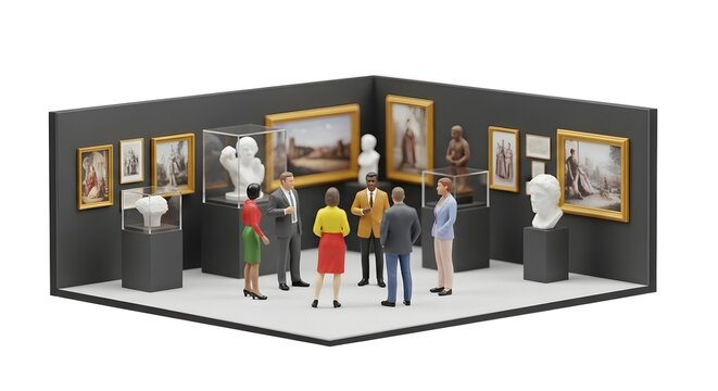 miniature art gallery interior with diverse visitors viewing classic paintings and sculptures in an isometric display