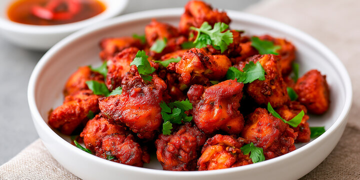Spicy chicken 65 served in white bowl with fresh coriander garnish and chili sauce. Small chicken pieces have crispy fried texture and rich red marinade, seasoned with spices