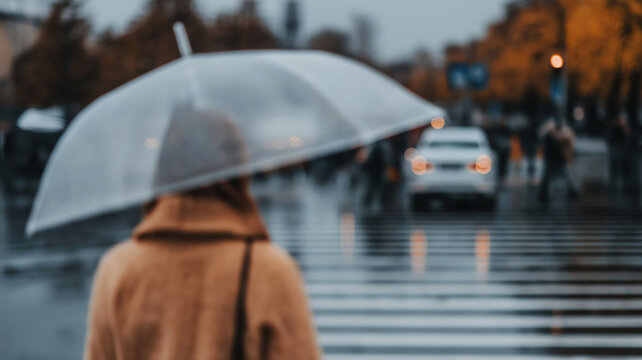 Woman waiting at a rainy city crosswalk under a transparent umbrella, blurred urban street life in autumn weather