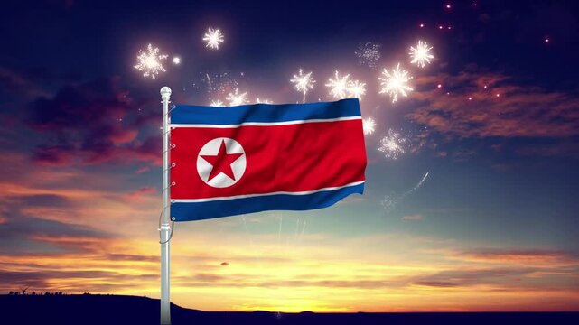 North Korean flag waving motion with celebratory fireworks footage