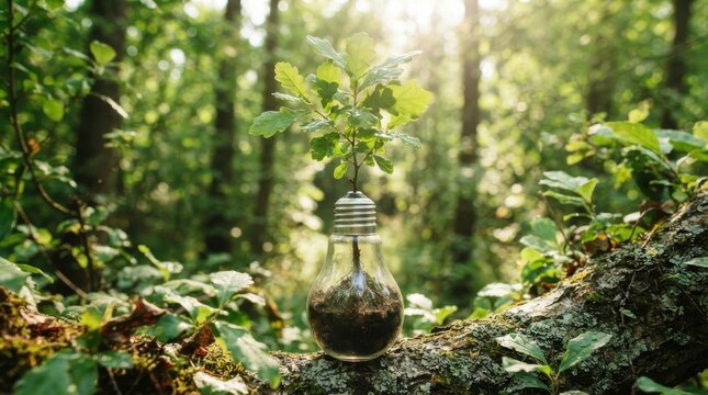 Small oak tree sapling growing inside a glass light bulb in forest