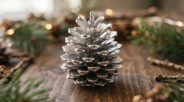Silver painted pine cone on rustic wooden surface with evergreen branches