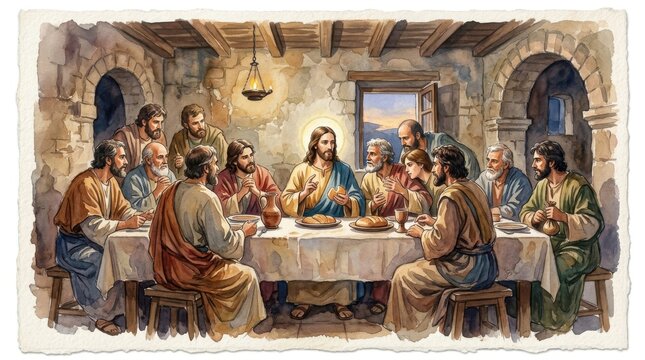 Watercolor illustration of the Last Supper with Jesus and disciples dining