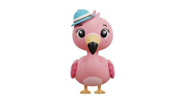 cute pink flamingo cartoon character wearing a blue hat standing isolated on a white background 3d rendering