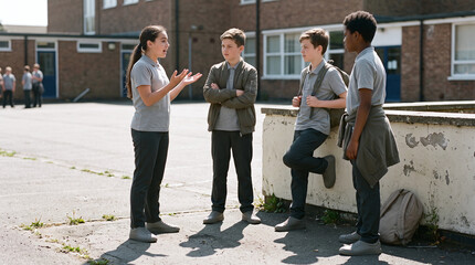 Fototapeta premium Diverse students talking together in school courtyard