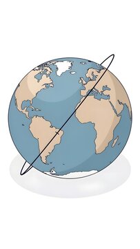 earth globe illustration with beige continents blue oceans and black orbit line