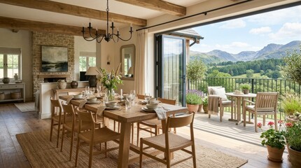 Fototapeta premium Dining room with rustic wooden table and scenic mountain view from balcony
