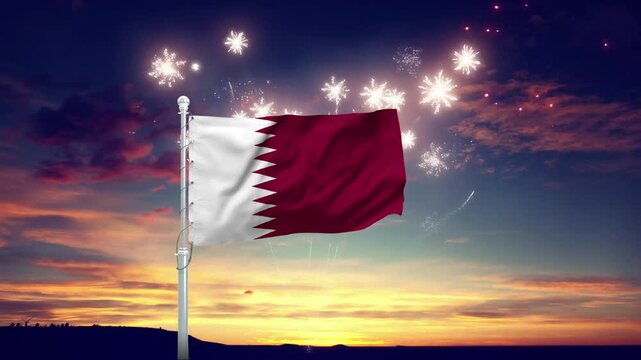 Qatar flag waving proudly with fireworks celebrating motion video