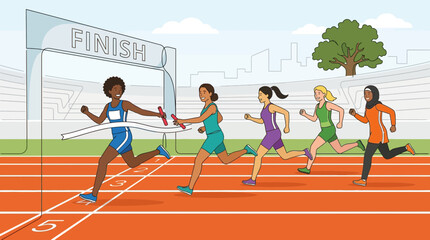 Fototapeta premium Athletes compete on an outdoor stadium track as the lead runner crosses the finish line during a race.