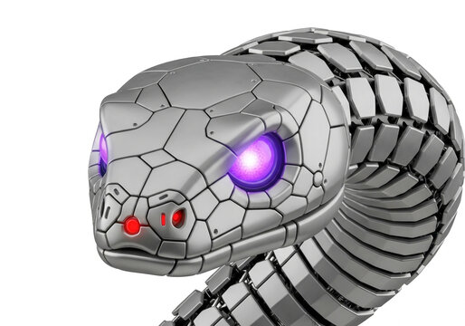 Metallic robot snake with glowing purple eyes