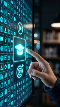 Digital screen displaying education icons, a finger selecting graduation cap, symbolizing online learning, knowledge, success