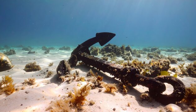 Old rustic anchor resting on a pristine sandy seabed underwater, adorned with marine plants and illuminated by natural sunlight.