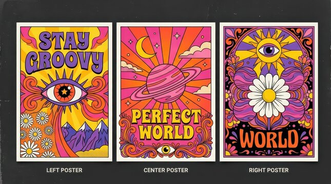 Set of Three Retro Psychedelic Posters with 70s Hippie Style Illustrations, Vibrant Colors, and Groovy Typography