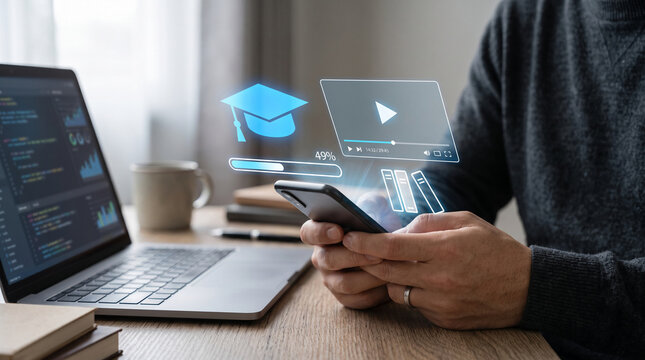 Digital graduation cap and play button overlay on a smartphone, representing online education and learning, symbolizing growth and knowledge acquisition