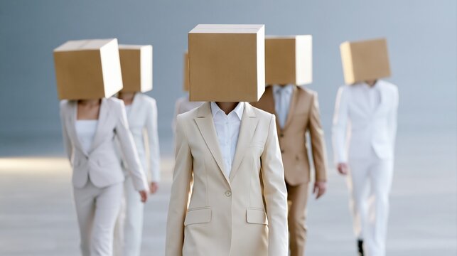 Business people wearing cardboard boxes on heads walking forward