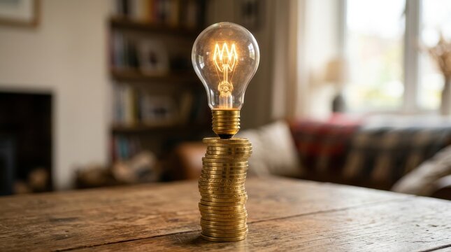 Light bulb balanced on stack of gold coins on wooden table