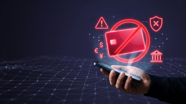 Hand holding smartphone with red icons symbolizing payment decline, security, and financial warning, representing transaction failure and digital risk.