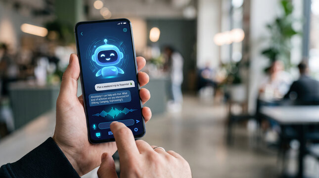 Smartphone screen displaying a conversational AI bot helping plan a trip, symbolizing digital assistance and virtual interaction.