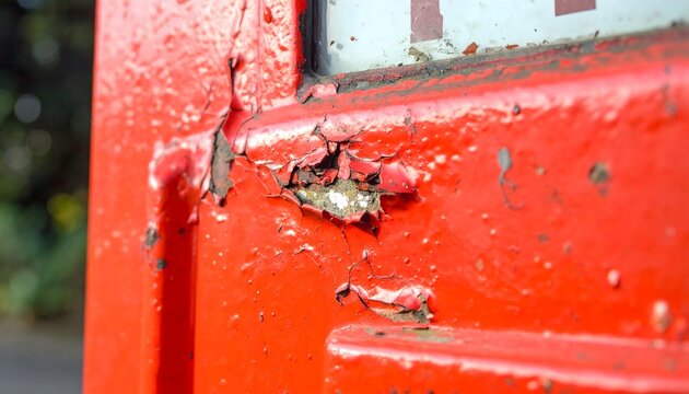 Close-up of vibrant red paint peeling and flaking off a weathered metal surface, revealing rusted textures and industrial decay.