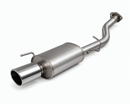 Automotive Exhaust Muffler Silencer Isolated on White Background, Vehicle Exhaust System Component for Car Repair and Replacement