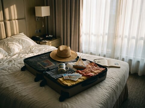 Open travel suitcase with straw hat postcards clothes and toiletries on hotel bed for vacation packing trip preparation and leisure getaway scene