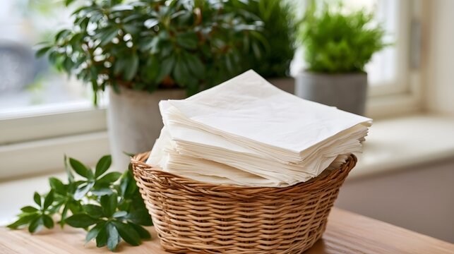 A woven basket filled with white paper napkins sits on a wooden surface beside green potted plants near a window