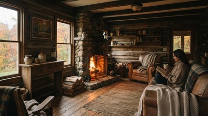 Fototapeta premium Woman reading book by a cozy fireplace in a rustic log cabin