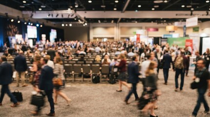 Fototapeta premium Blurred crowd of professional people walking in a large conference hall