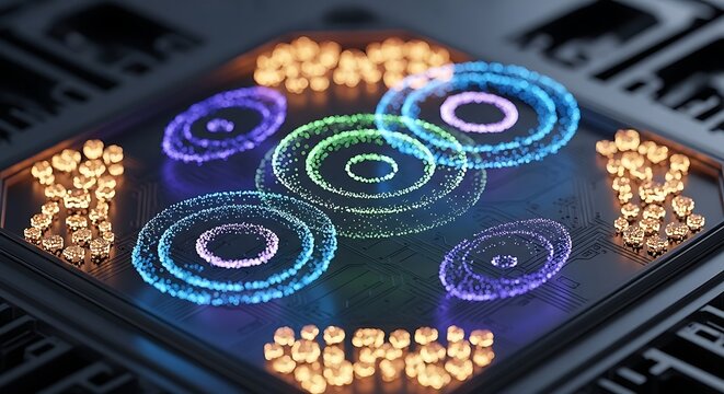 Neon soundwave circles glowing on black audio equalizer visualizer display