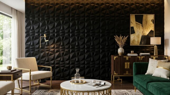 Modern living room interior with black geometric textured wall and gold accents