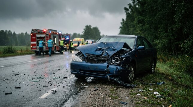 Car crash on rainy highway with emergency responders and damaged vehicle , Dangerous crash accident, Distracted driving, Emergency response, Highway collision