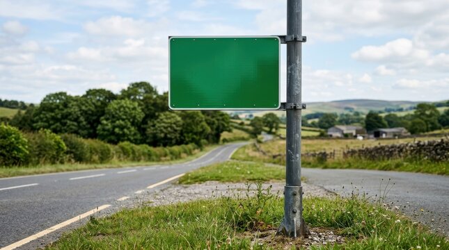 Blank green road sign on a post by a rural highway