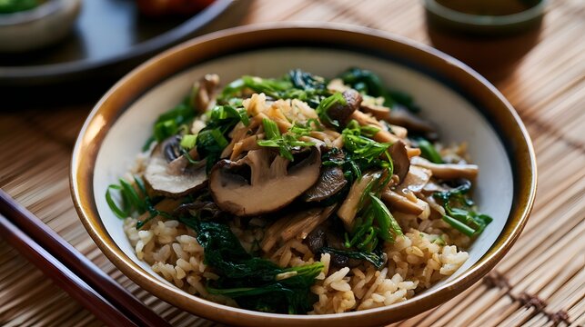 A steaming bowl of brown rice topped with saut ed mushrooms and fresh green vegetables on a bamboo mat