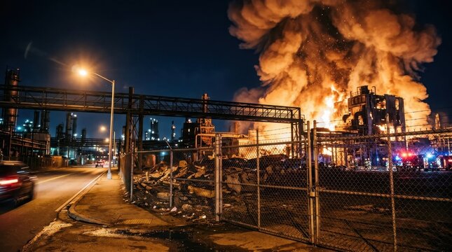 Industrial fire at night with emergency response and smoke billowing into the sky , Dangerous crash accident, Distracted driving, Emergency response, Highway collision