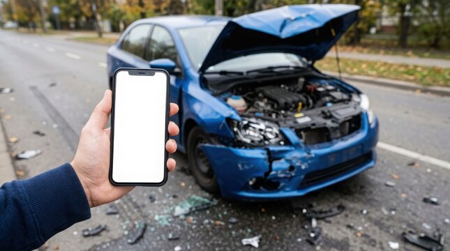Damaged blue car on road with hood up and person texting on phone , Dangerous crash accident, Distracted driving, Emergency response, Highway collision