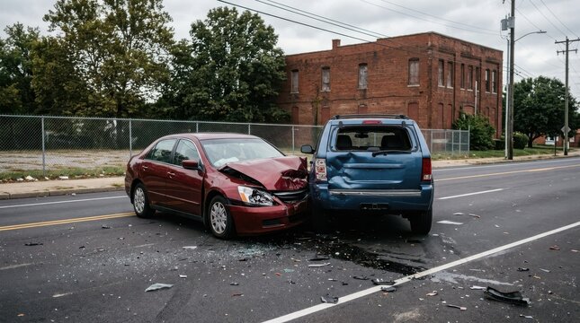 car accident on a city street with damaged vehicles , Dangerous crash accident, Distracted driving, Emergency response, Highway collision