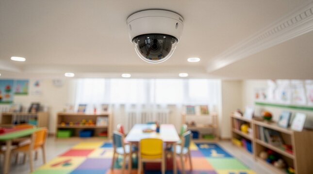 Close up of a ceiling CCTV dome camera monitoring a blurred kindergarten room, symbolizing child protection, safety control, and modern security infrastructure in education facilities.