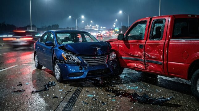 Car accident on highway at night with damaged vehicles , Dangerous crash accident, Distracted driving, Emergency response, Highway collision