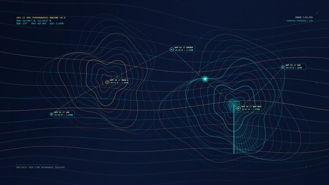 Digital Topographic Map Interface with Glowing Navigation Waypoints and Elevation Lines
