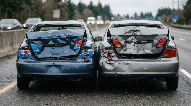 Damaged cars on highway after rear-end collision accident , Dangerous crash accident, Distracted driving, Emergency response, Highway collision