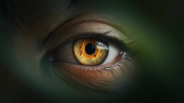 Cinematic close-up macro footage of a single tiger eye emerging naturally from a soft dark background for international tiger day