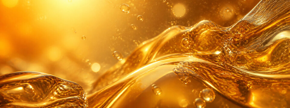 Luminous amber liquid and rippled glass with suspended bubbles